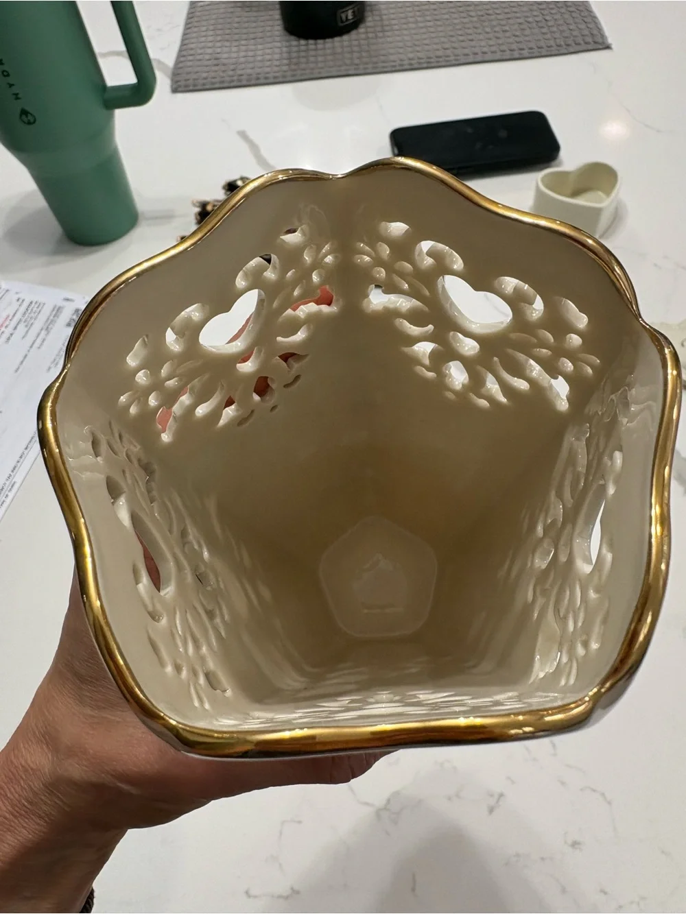 Lenox Cream Ceramic Vase with Gold Trim and Cutout Heart Motif